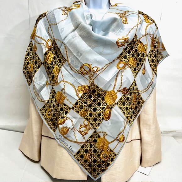 Christian Dior 100% Silk Scarf Chiffon &Satin 33"  Silver Black Gold Design(15 - Picture 2 of 10